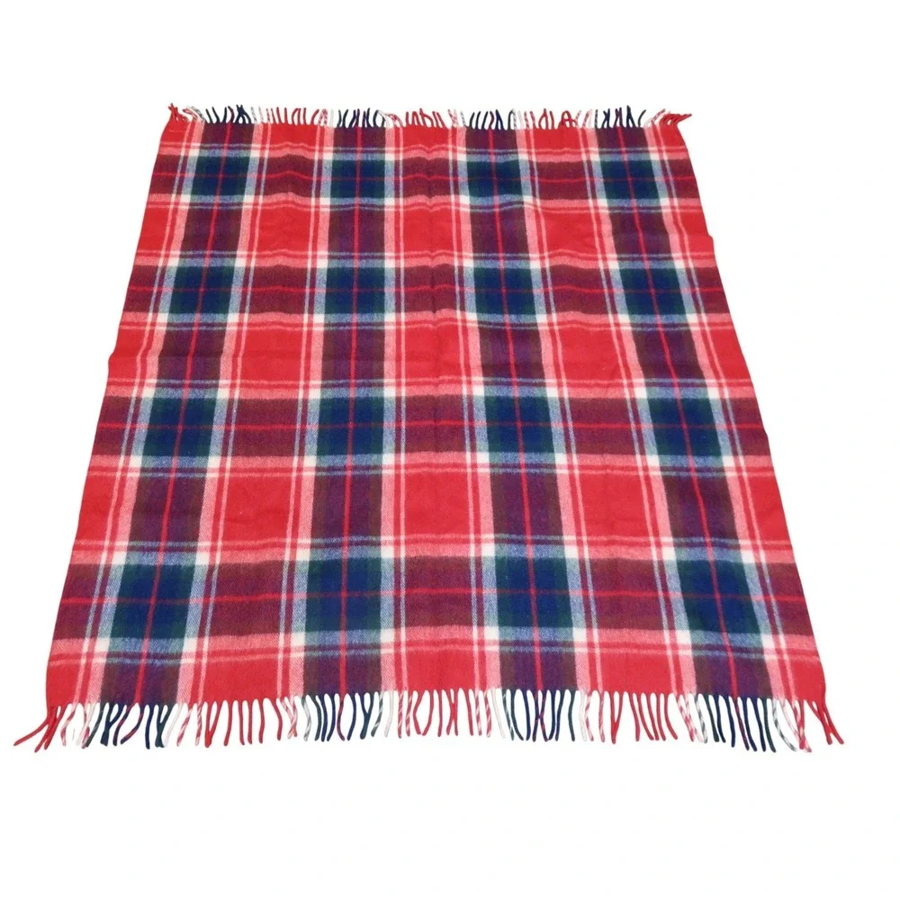 Wool O‎ The West Vintage 100% Wool Plaid Blanket Red Navy Blue Fringe Throw USA